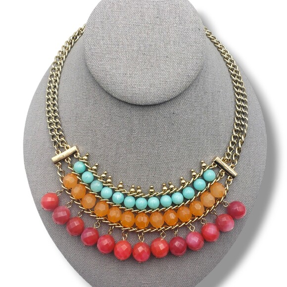 Gold Tone Double Strand Chunky Bib Necklace Colorful Acrylic Beads Boho - Picture 6 of 7